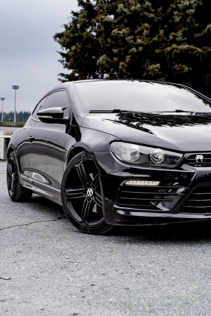 The front end of a black vw scirocco